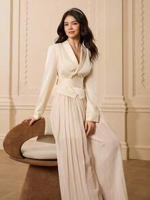 Teenager Solid Color Turndown Collar Long Sleeve Shirt Top + Pleated Waist Pants Halloween Christmas Outfit - Apricot - View 1