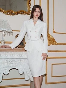 SHEIN MOD Bộ vest vest vải tuýt trơn màu thanh lịch và chân váy bút chì dành cho nữ, trang phục công sở dành cho nữ vào mùa thu/đông - trắng - Xem 4