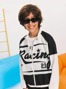 SHEIN Tween Boy Racing White,Autumn,Street Life Casual Graphic Street Fashion,School,Back-To-School Letter Zip-Up Stand Collar Short Racer Jacket - Black - View 5