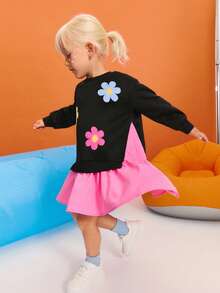 SHEIN Young Girl Colorblock Floral 3D Applique Cute Casual Dress - Black - View 5