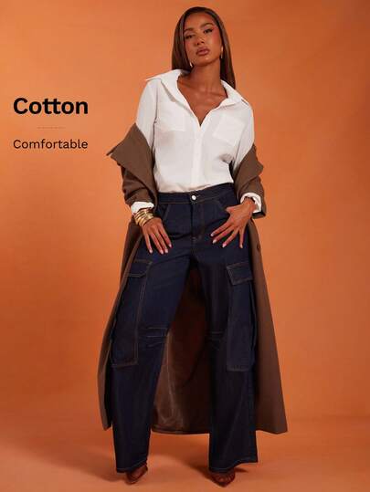 NYA SZN 牛仔裤高腰工装裤筒形牛仔裤口袋细节街头潮流日常休闲秋季棉质女装