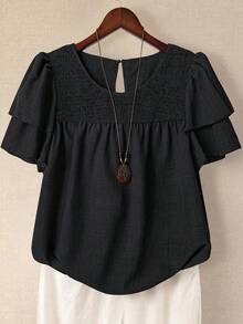 SHEIN LUNE 大码女式纯色圆领双层袖短袖休闲衬衫，休闲时尚百搭褶皱夏季假日女士衬衫 - 黑色 - 查看 1