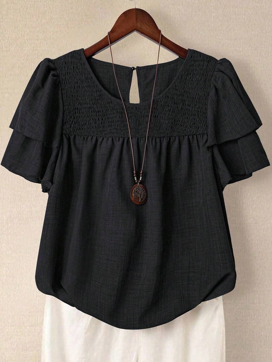 SHEIN LUNE 大码女式纯色圆领双层袖短袖休闲衬衫，休闲时尚百搭褶皱夏季假日女士衬衫 - 黑色 - 查看 1