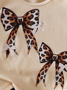 SHEIN Baby Girl Leopard Print Bow Decor Round Neck Long Sleeve T-Shirt And Leopard Print Pants Casual Outfit Fall Winter
