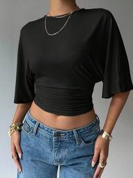 Aloruh Tricou casual plisat cu mânecă scurtă și guler rotund, culoare solidă, model liliac, crop