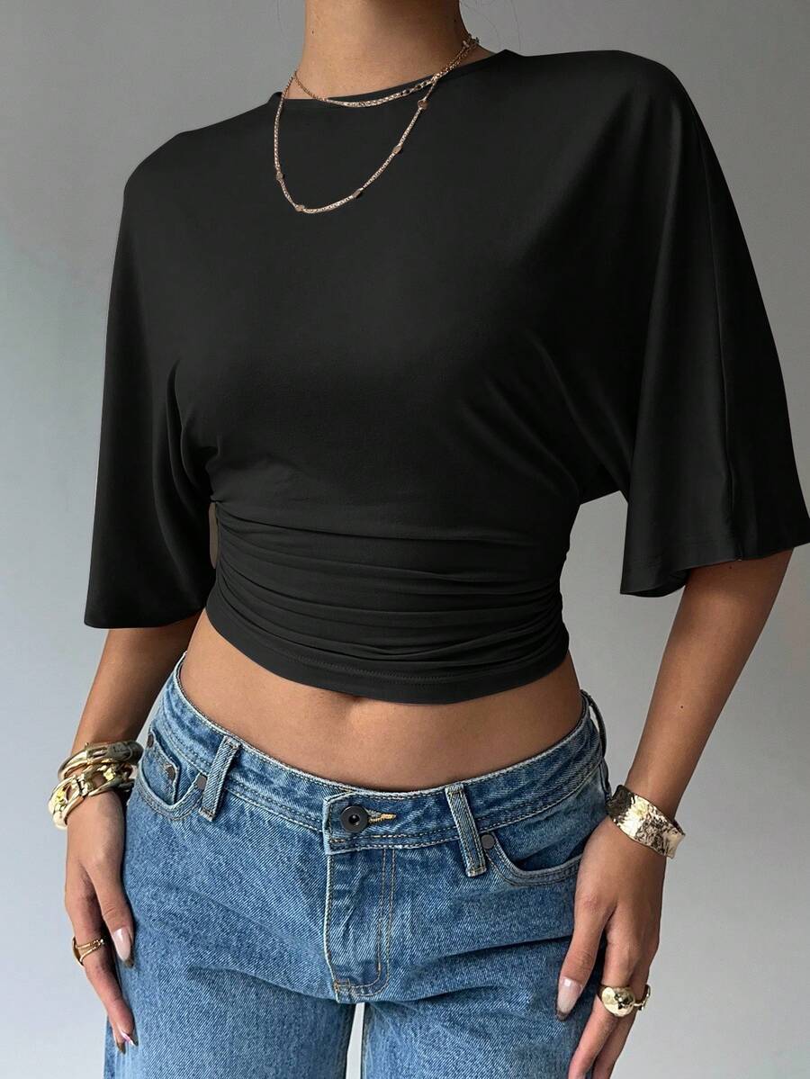 Aloruh T-shirt décontracté court plissé à manches courtes chauve-souris, col rond, couleur unie pour femmes - Noir - Voir 1