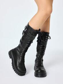 ROMWE Goth Women's Knee-High Boots Fashionable Lace-Up Thick-Soled Chunky Heel Women's Boots For Christmas