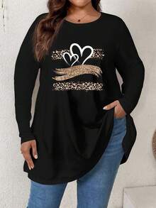 Firerie Jour des enseignants Rentrée scolaire Halloween Élégant Décontracté Noir Dégradé de trois couleurs Motif cœur Ample Manches longues Col rond Couleur unie Ourlet parapluie T-shirt basique, Convient pour la maison et les vacances, Convient pour l'automne et l'hiver