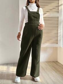 SHEIN Bộ đồ liền thân màu trơn đơn giản dành cho bà bầu - xanh quân đội - Xem 3