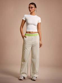 SHEIN Sports Pantaloni de trening cu talie contrastantă și croială dreaptă pentru femei