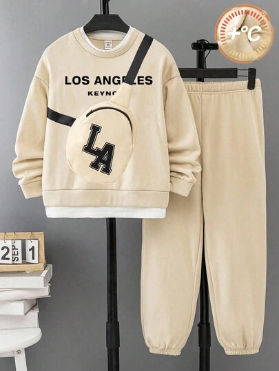 3pcs Kids Boy Casual Street Style Sporty Versatile English Letter Print Loose Drop Shoulder Crew Neck Khaki Long Sleeve Sweatshirt, Khaki Sports Pants, And Khaki Sling Bag, Suitable For Autumn/Winter Fall