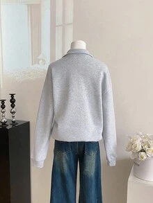 青少年女孩翻领半拉链落肩宽松羊毛衫 - 灰色 - 查看 2