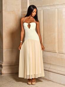 Mima John Women's Solid Color Ruffle Hem Sexy Halter Dress,Summer Dresses For Women - Khaki - View 1