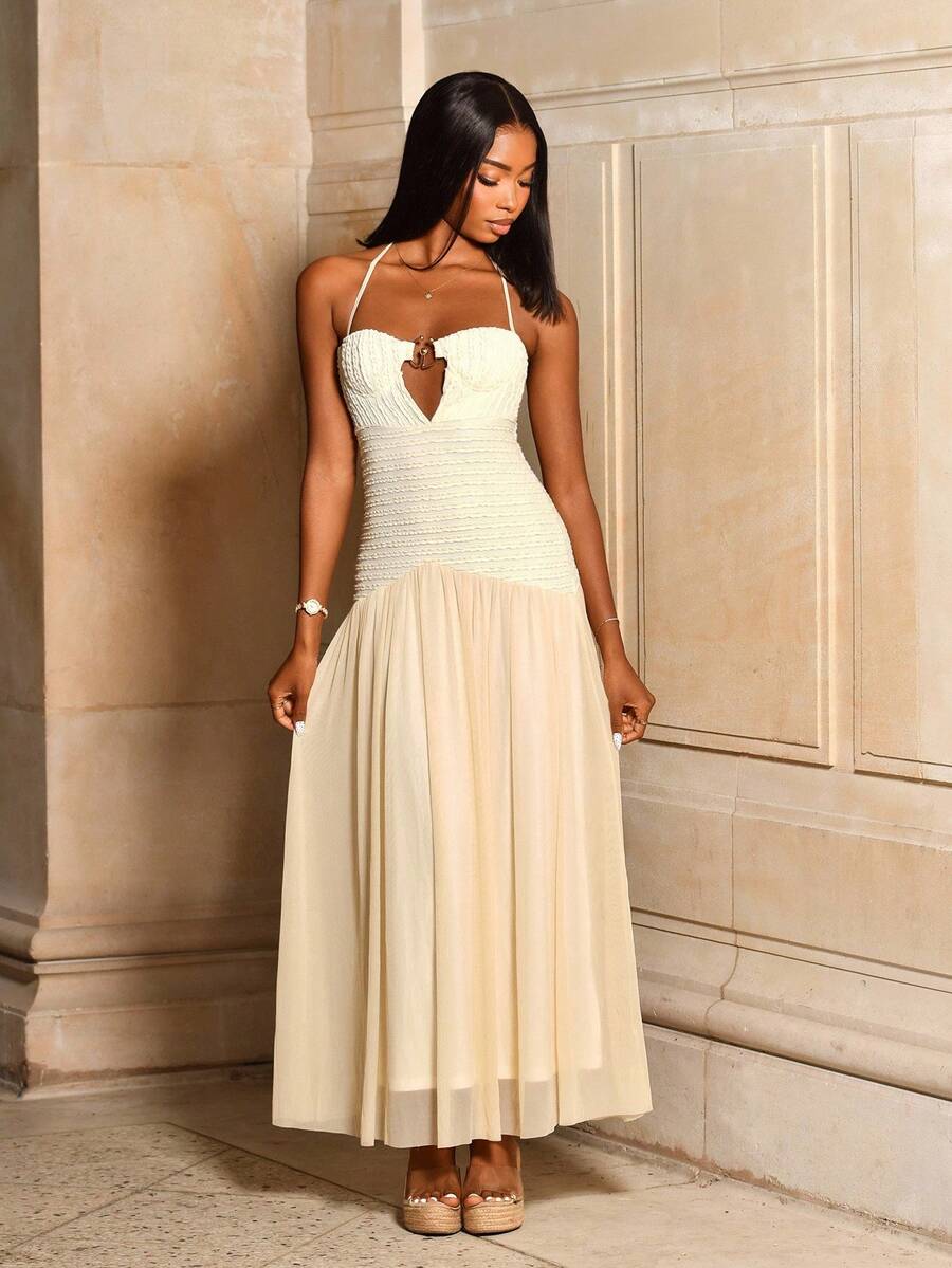 Mima John Women's Solid Color Ruffle Hem Sexy Halter Dress,Summer Dresses For Women - Khaki - View 1