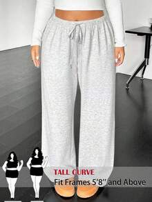 SHEIN Tall CURVE Plus Size Casual Drawstring Waist Loose Straight Leg Knit Pants Wide Sweatpants Comfy Tall For Women Curve Set Clothes,Fall - Grey - View 1