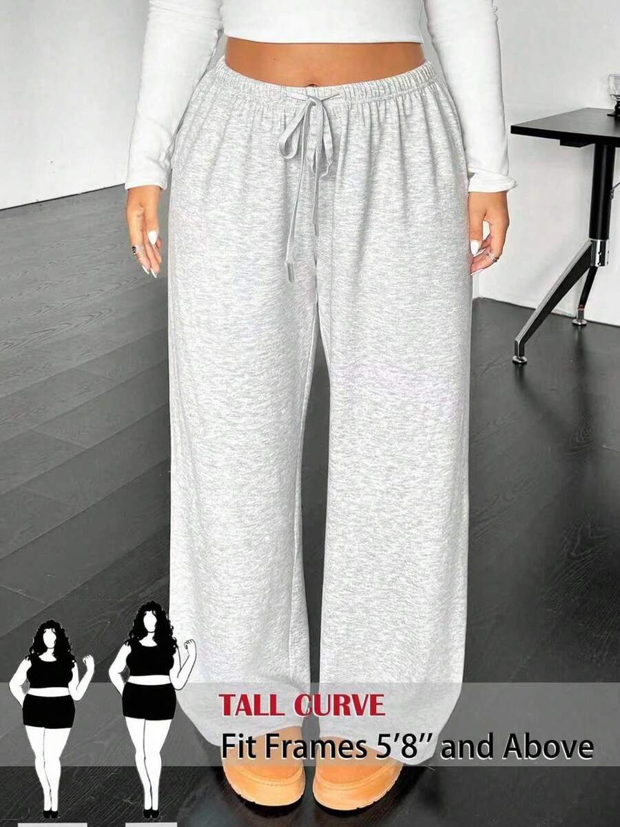 SHEIN Tall CURVE Plus Size Casual Drawstring Waist Loose Straight Leg Knit Pants Wide Sweatpants Comfy Tall For Women Curve Set Clothes,Fall - Grey - View 1