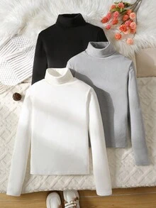 SHEIN 3件套少女罗纹针织高领长袖修身上衣，黑/白/灰三色可选，加厚保暖内衬，百搭叠穿T恤，买一送二，适合冬季、万圣节、圣诞节、新年秋季穿着