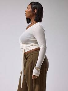 MUSERA Plus Ballerina Wrap Around Long Sleeve Top Cute Elegant Classy Fall Autumn Casual Lounge Top For Women Curve Butterscotch Autumn Winter Fall