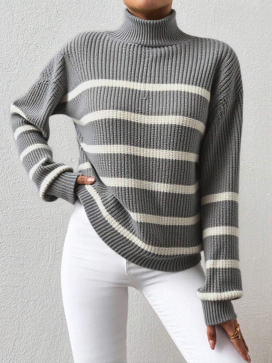 SHEIN Cottnline Striped Pattern Mock Neck Drop Shoulder Sweater Without Belt - Grey - View 1