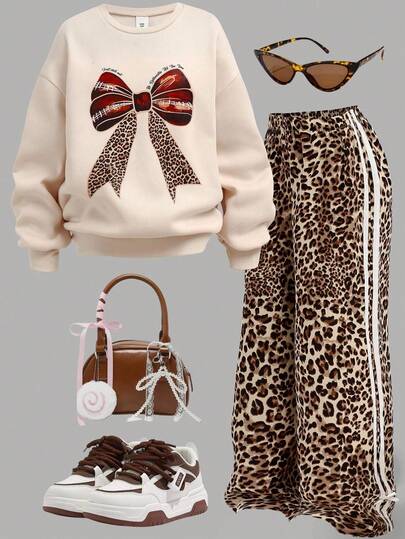 Girlism Tween flickor huvtröja och t-shirt set, texturerad stickad fjärilstryck gul t-shirt och leopardtryck kontrasterande rosett casual lösa kaki leopardtryck rosett cargobyxor 2 delar set, lämplig för casual, sport, häng, familjeutflykt höst vinter kvinnor leopardtryck leopardtryck byxor rosett tröja djurtryck outfit