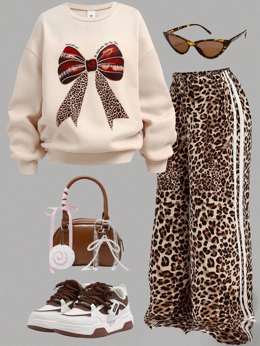 Girlism Tween Girls Hoodie & T-Shirt Co-Ords, Textured Knit Butterly Print Yellow T-Shirt & Leopard Print Contrast Bow Casual Loose Khaki Leopard Print Bow Cargo Pants 2 Pieces Set, Suitable For Casual, Sports, Hangout, Family Outing Fall Winter Women Leopard Print Leopard Print Pants Bow Sweatshirt Animal Print Outfit - Multicolor - View 1