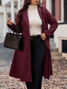 Vionelle Christmas Plus Size 1 Piece Woven Lapel Collar Solid Color Slimming Retro Elegant Long Flared Sleeve Women Overcoat Jacket Winter Autumn Fall - Burgundy - View 3