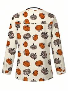 PopScrub Women's Halloween Orange & Leopard Print Pumpkin Pattern Digital Print Casual Nursing Scrub Uniform Jacket, Spring/Autumn - Multicolor - View 2