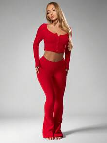 MISSGUIDED Cotton Women Button Front Crop Top And Flare Pants Set Cozy Two Pieces Loungewear Fall Winter Ribbed Knit Long Sleeve Lounge Clothes Set - Red - View 3