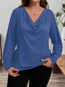 SHEIN Clasi Áo thun cổ tròn tay dài màu trơn thường ngày cỡ lớn dành cho nữ - Màu xanh lam - Xem 5