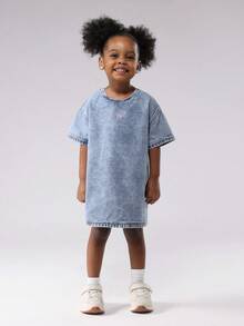 SUMWON Toddler Girls Denim T-Shirt Dress Light Wash Classic Cotton Jean Summer Mini Dress Casual Spring Wear Kids Fashion Short Sleeve A Line Dress - Blue - View 4
