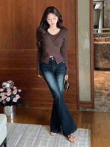 DAZY Pull casual à manches longues avec plis croisés pour femmes, automne/hiver - Marron - Voir 3