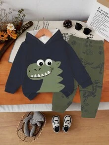 SHEIN 1 套年轻男孩休闲可爱卡通恐龙图案连帽衫和裤子套装，秋冬幼儿男孩恐龙连帽衫套装，海军蓝和绿色套装，适合日常休闲、户外玩耍和上学 - 彩色 - 查看 3