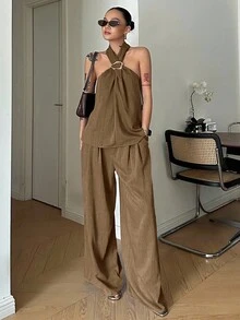 DAZY Bộ 2 món trang trí bằng đồng xu cổ điển, áo cổ yếm và quần, trang phục thường ngày phù hợp cho đầu mùa hè - Lạc đà - Xem 4