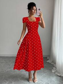 Elenzga Women's Elegant Polka Dot Print Ruched Waist Square Neck Short Sleeve Maxi Dress - Red - View 8