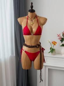 SHEIN Swim Summer Beach Heart Shaped Halter Triangle Bikini Set - Red - View 3