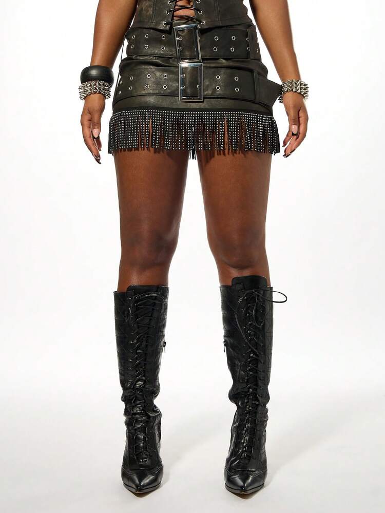 SUMWON WOMEN Halloween Faux Leather Buckle Mini Skirt With Fringe