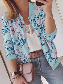 EMERY ROSE Women's Floral Print Long Sleeve Casual Baseball Jacket, Autumn - Blue - View 1