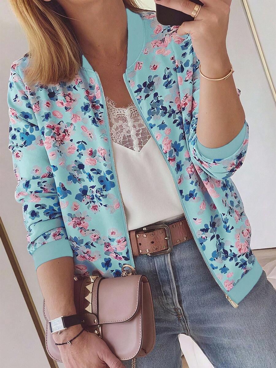 EMERY ROSE Women's Floral Print Long Sleeve Casual Baseball Jacket, Autumn - Blue - View 1