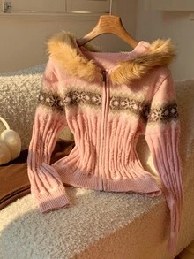 Comfortcana 秋冬女款几何图案扭花连帽拼布羊毛领连帽开衫 - 粉色 - 查看 3