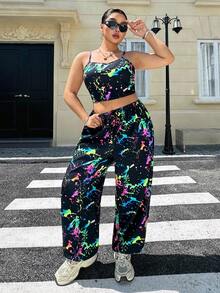 Muchica Women's Plus Size Ink Splatter Print Cami Top And Jogger Pants Set - Multicolor - View 1