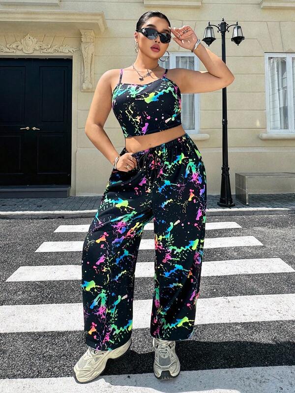 Muchica Women's Plus Size Ink Splatter Print Cami Top And Jogger Pants Set