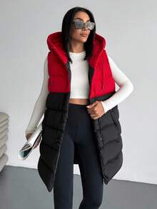 EURMUSE Woman 2 Colored Dark Red Sleeveless Padded Drawstring Detailed Hoody Neck Front Snap Button Up Midi Length Autumn Coat Casual Baggy Everyday Hiking - Multicolor - View 6