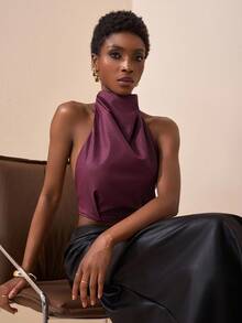 Zivah 2025秋冬新品，音乐节，毕业季，学院风，学生装，日常休闲，度假，海滩，日光浴，街头风，通勤优雅，圆领，小立领，无袖，PU皮上衣，露脐上衣，酒红色 - 酒紅色 - 查看 7