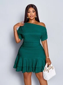 SOLERSUN Women's Elegant Party Daytime Apricot Knitted Asymmetrical Neck Neck Long Sleeves Gathered Double Ruffle Mini Dress