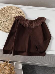 Genkimix Kids 女童罗纹面料长袖 T 恤，蕾丝花边领口，舒适休闲优雅时尚，适合春季、秋季、冬季