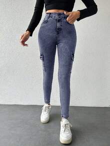 Cottnline Quần jeans Cargo dáng ôm vừa vặn, giặt thường ngày - Xám - Xem 4