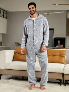 男士恐龙印花抓绒连体衣，休闲灰色家居服，秋冬款 - 灰色 - 查看 1
