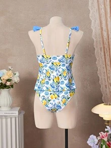 Bellisia 女式夏季海滩水果印花拼布荷叶边系带分体泳衣套装 - 彩色 - 查看 2