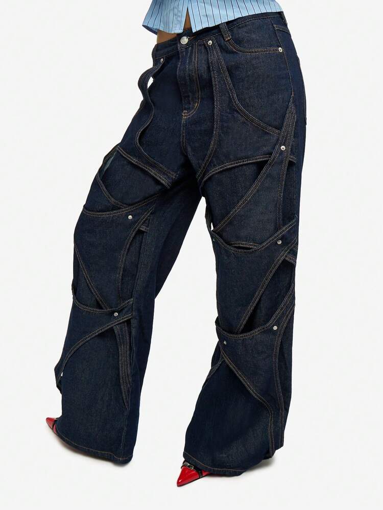 SUMWON WOMEN Applique Wide Leg Denim Jeans With Deconstructed Details