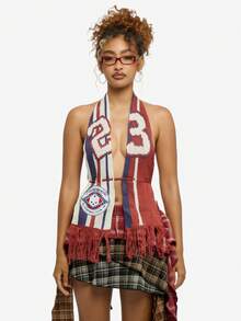 SUMWON WOMEN Knitted Football Scarf Halter Neck Top With Fringe Detail Team Spirit Crop Tank - Multicolor - View 5